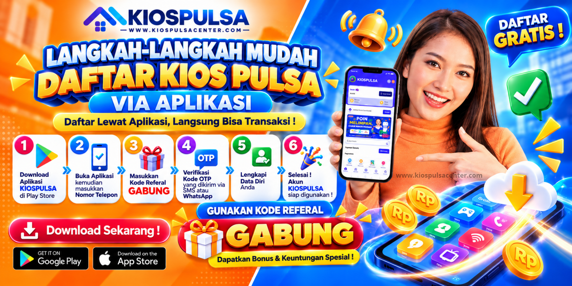 Daftar agen pulsa Kios Pulsa via aplikasi dengan kode referral GABUNG