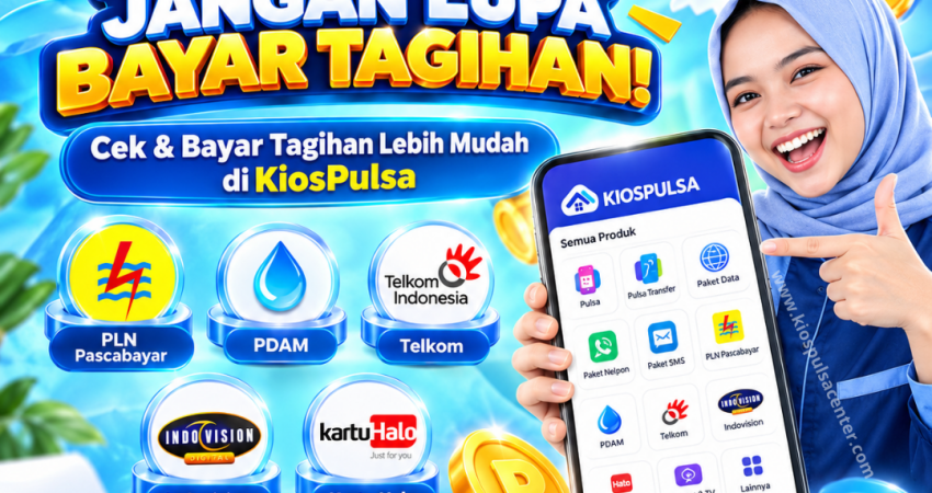Bayar tagihan Kios Pulsa Center dengan mudah melalui aplikasi untuk PLN pascabayar, PDAM, dan layanan lainnya.